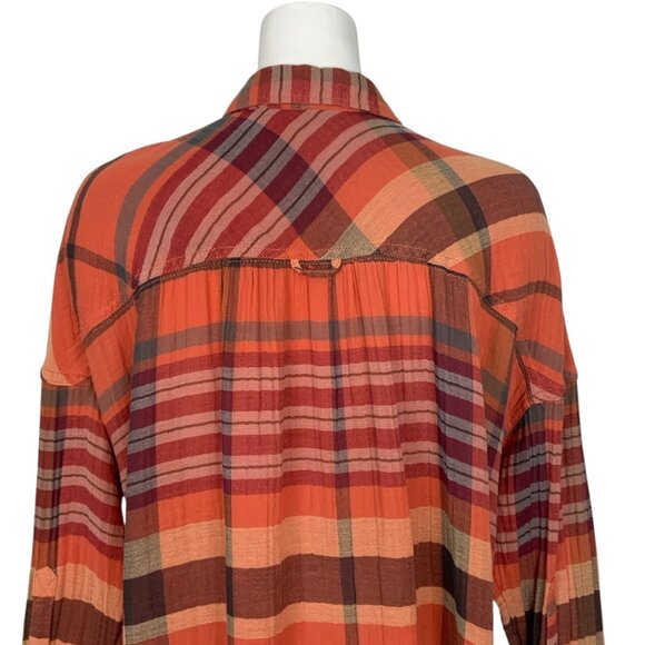 Free People Year Round Buttondown Shirt XS Orange Plaid Oversized Fall Fashion - Picture 9 of 14